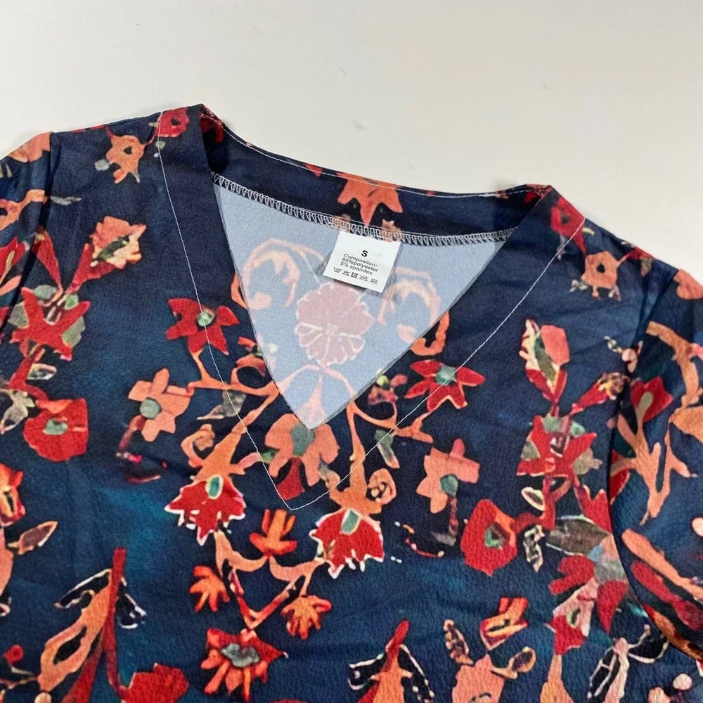 Navy Blue Floral‎ Damask V-Neck Long Sleeve Midi Dress Small Boho Modest